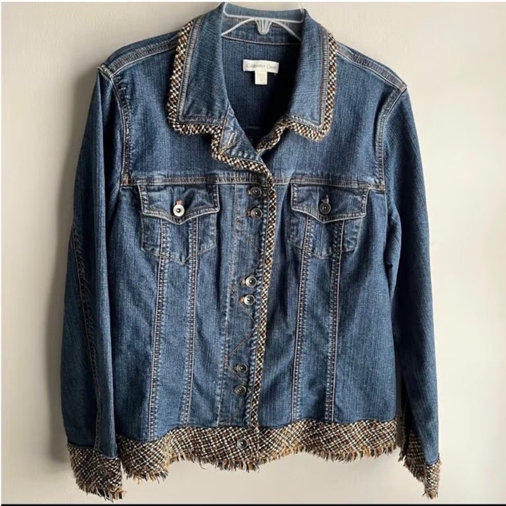 St. John Collection Dark Blue Denim Jacket with Tweed Trim